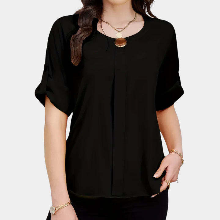 Damenbluse schwarz, kurzärmelig, lässig, Rundhalsausschnitt, elegantes Design, Modekleidung.