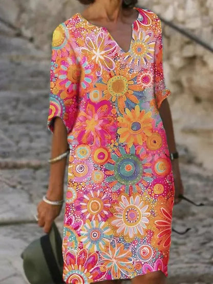 Vestido com decote em V e padrão de flores - Luna