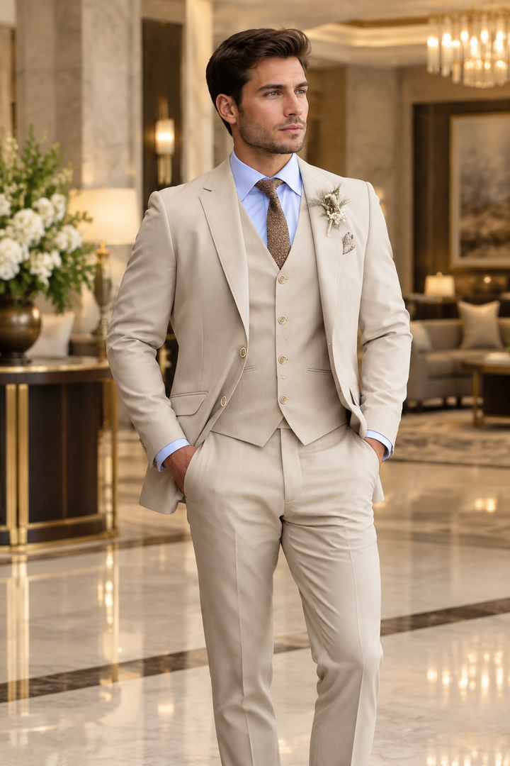 Model in a beige three-piece suit with light blue shirt standing in a marble hotel lobby 1