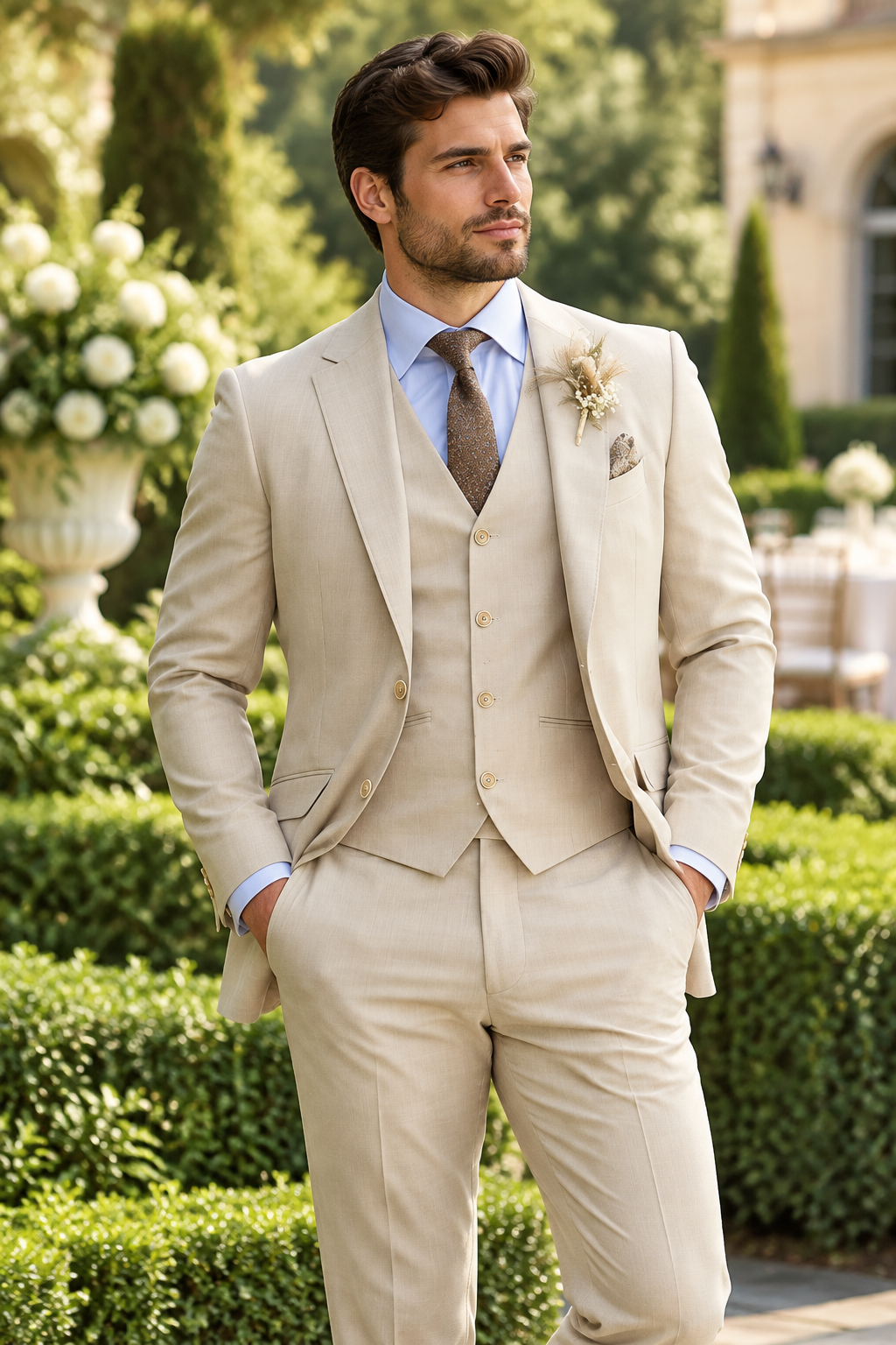 Man in a beige three-piece suit with light blue shirt and brown tie, posing in a garden 1
