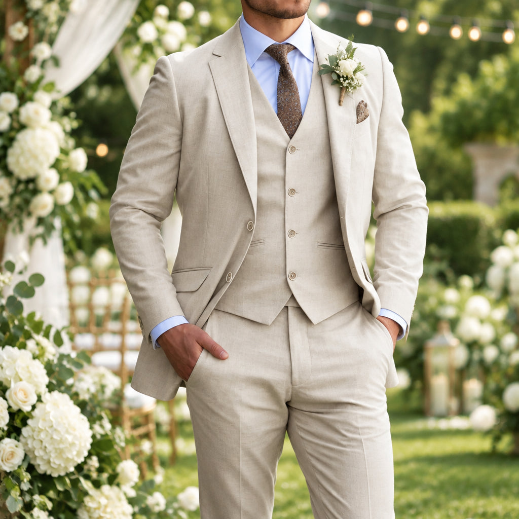 Model in a beige three-piece suit with blue shirt and boutonniere at an outdoor garden wedding 1