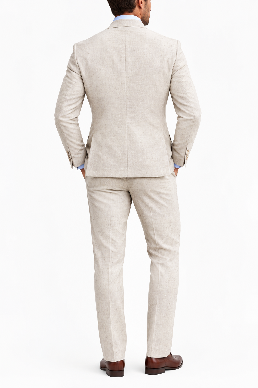 Back view of the beige suit jacket and trousers worn with brown leather shoes on white background 7