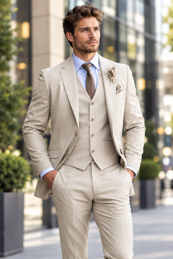 Model in a beige three-piece suit with light blue shirt, patterned tie and dried-flower boutonniere, standing on a city 1