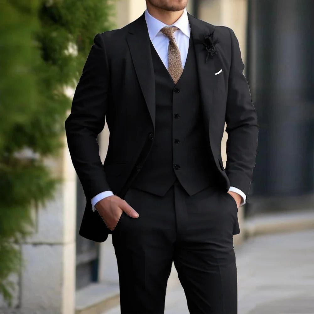 Same outfit in black, worn by a model with white shirt, brown tie and dark boutonniere 4