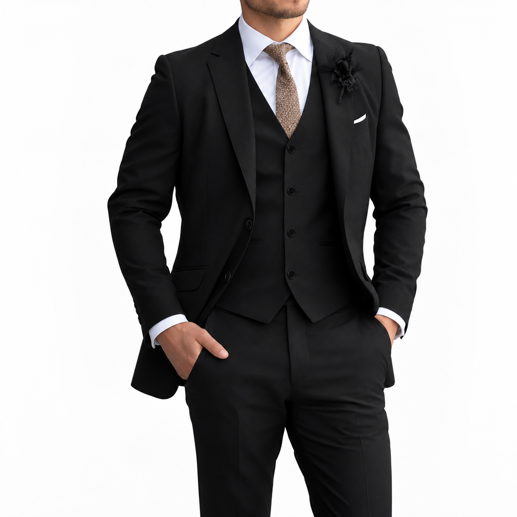 Model in the black three-piece suit with white shirt and brown tie against a plain white background 5