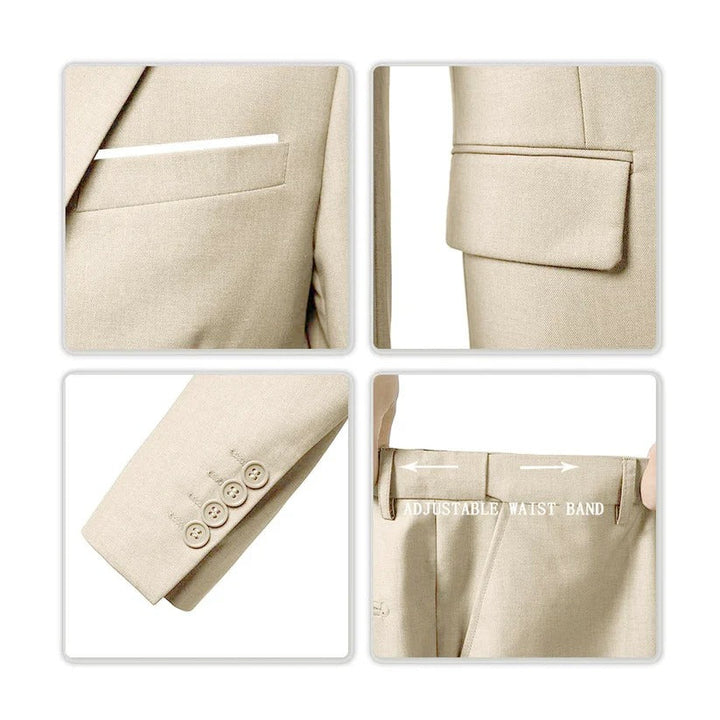 Four close-up detail panels of the beige suit: breast pocket, flap pocket, sleeve buttons, adjustable waistband 4