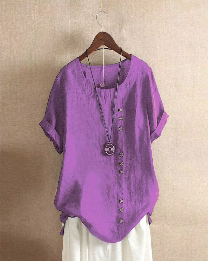 Blusa de manga curta casual com decote redondo – Nora