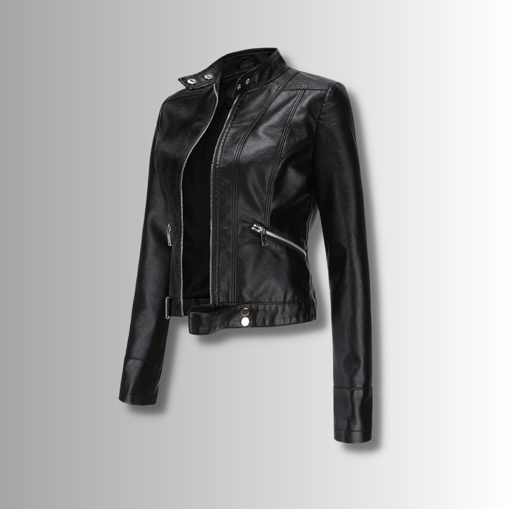 Black cropped jacket with stand collar and zip pockets, shown at an angle on a gray gradient background 2