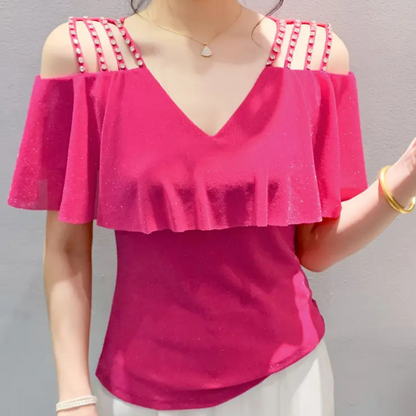 Fuchsia schulterfreies Top mit Perlen, V-Ausschnitt, Damenmode, Sommerkleidung.