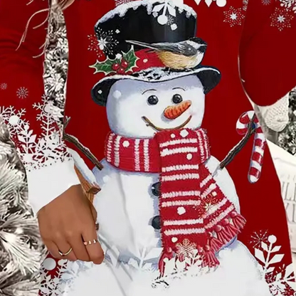 Schneemann-Pullover mit rotem Schal, Zylinderhut, Schneeflocken-Muster, festlich, Damenmode.