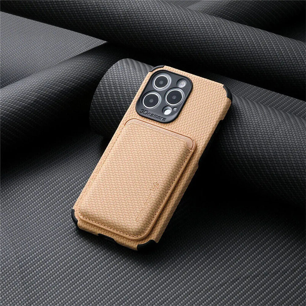 Back of a tan woven-texture phone case with attached card pocket, resting on dark carbon-fiber fabric 5