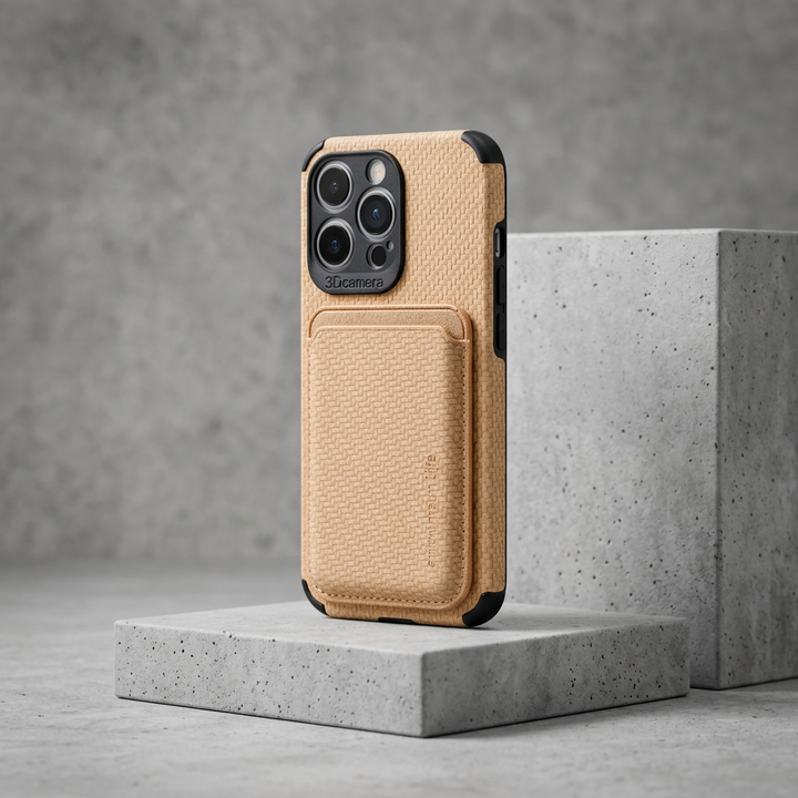 Tan carbon-pattern case with card pocket standing on concrete blocks, seen at an angle 3