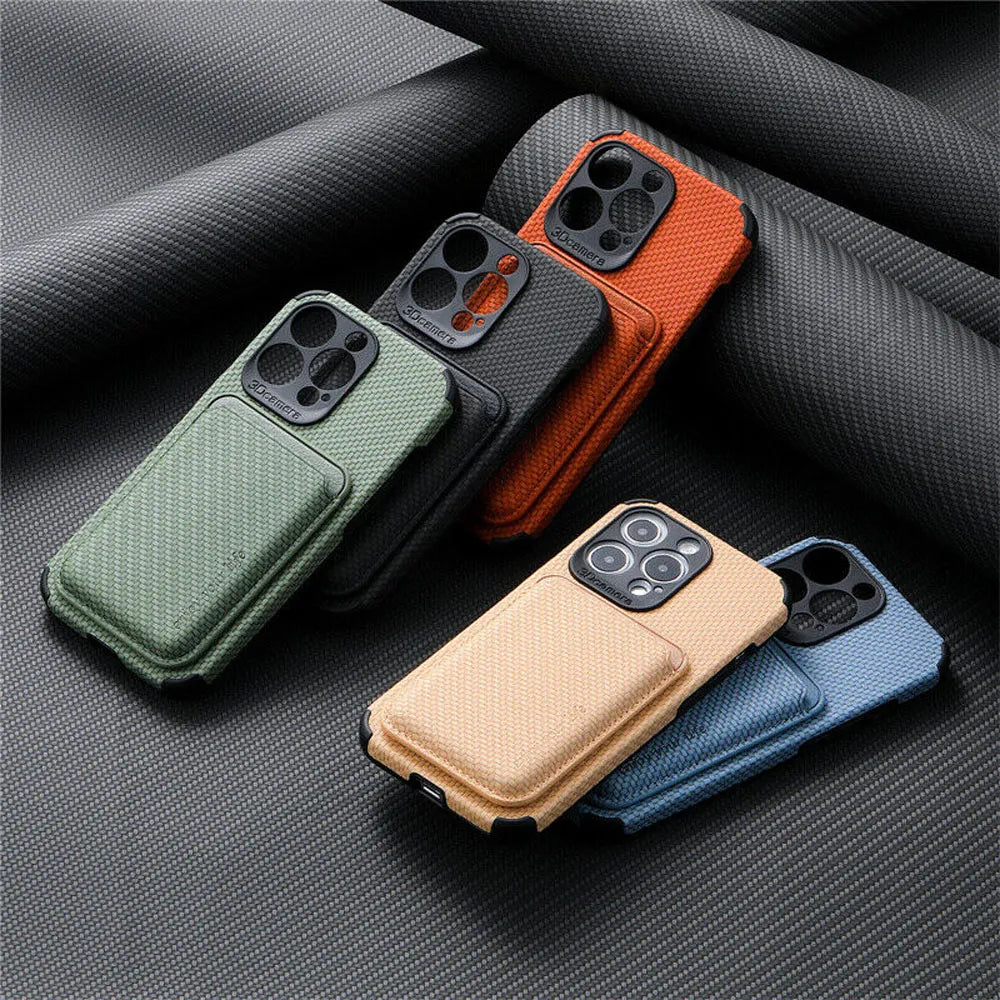 Five textured phone cases with attached card wallets in green, black, orange, tan and blue, arranged on dark carbon-weave 1
