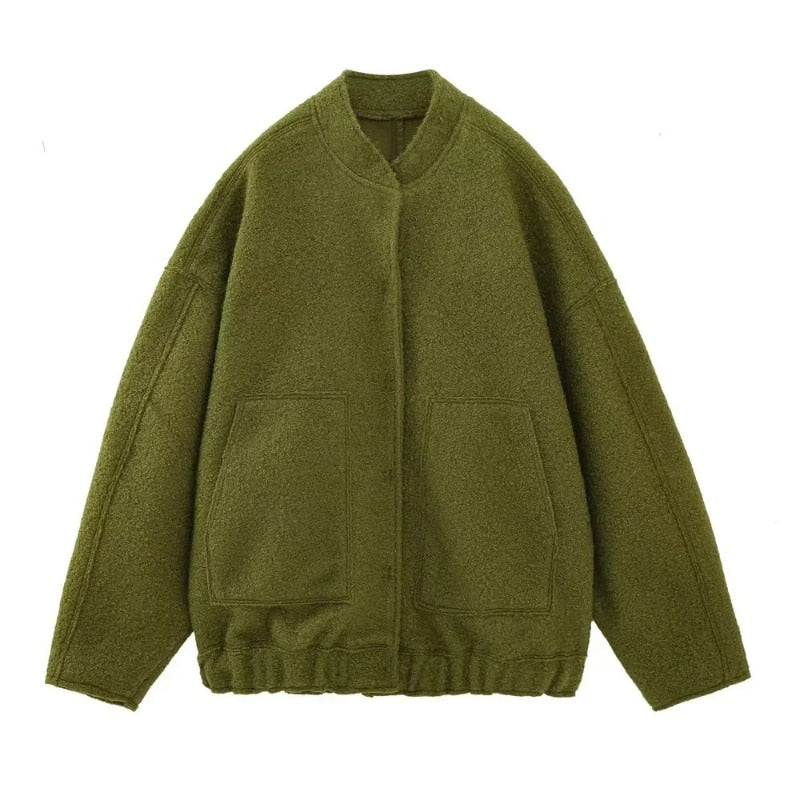 Casaco de lã oversized com decote redondo e botões - Selena