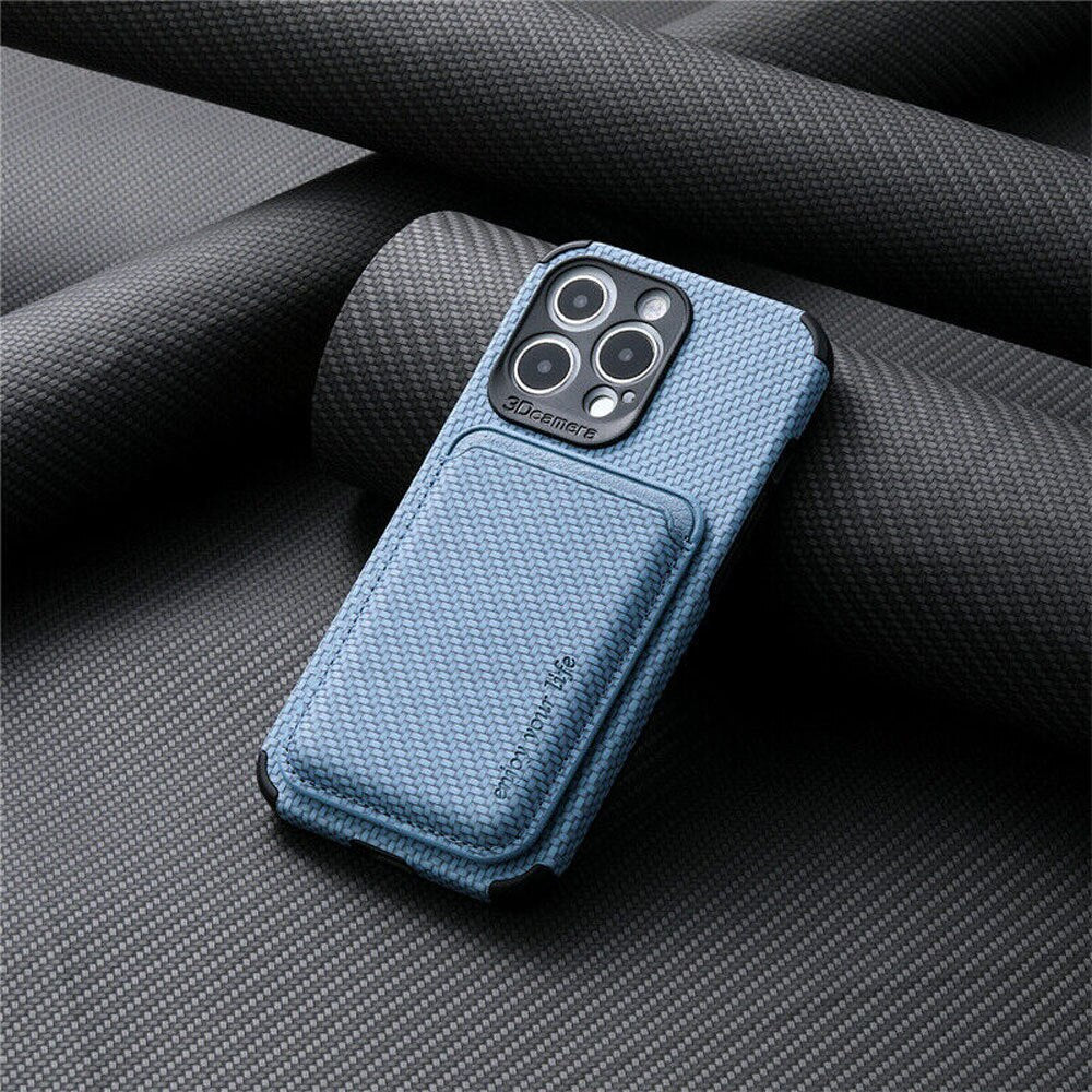 Blue carbon-fiber-textured phone case with attached card wallet, resting on dark woven fabric, back view with camera cutout 7