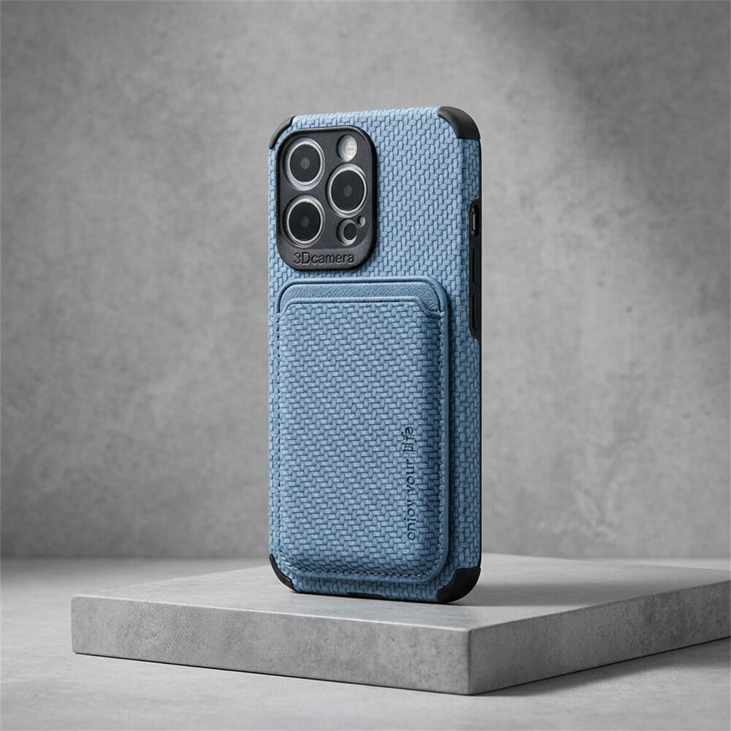 Blue woven-texture case with card holder and black corner bumpers, angled on a gray slab 5
