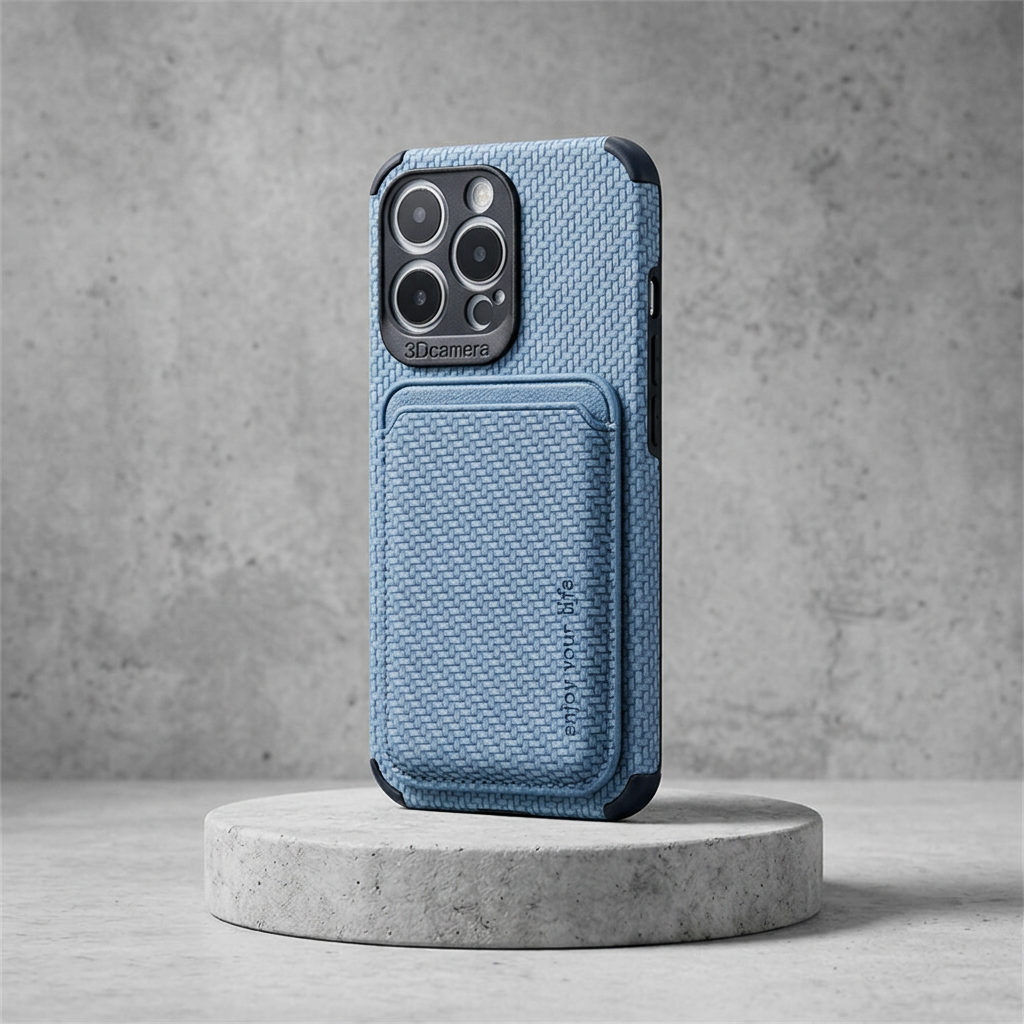 Light blue textured case with card pocket standing on a round concrete pedestal 4