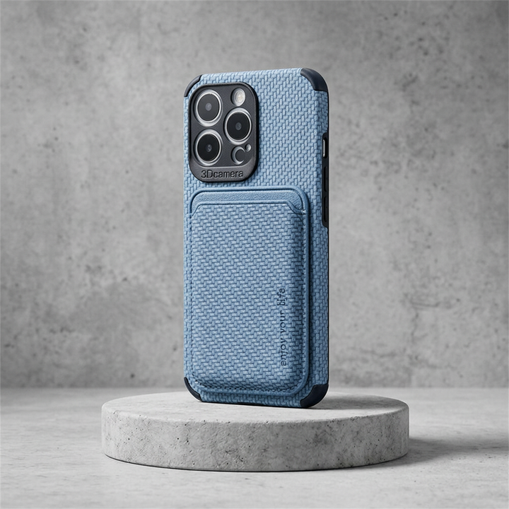 Light blue textured case with card pocket standing on a round concrete pedestal 4