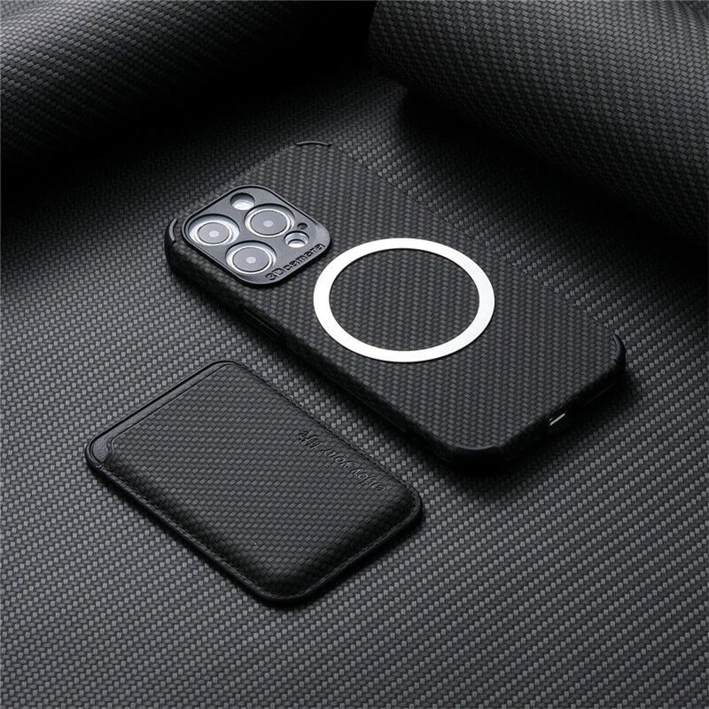 Black case with a magnetic ring on the back, next to its detached card holder 3