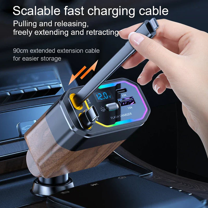 120W 4-in-1 Retractable Car Charger with USB-C & Cigarette Lighter Adapter – Vega
