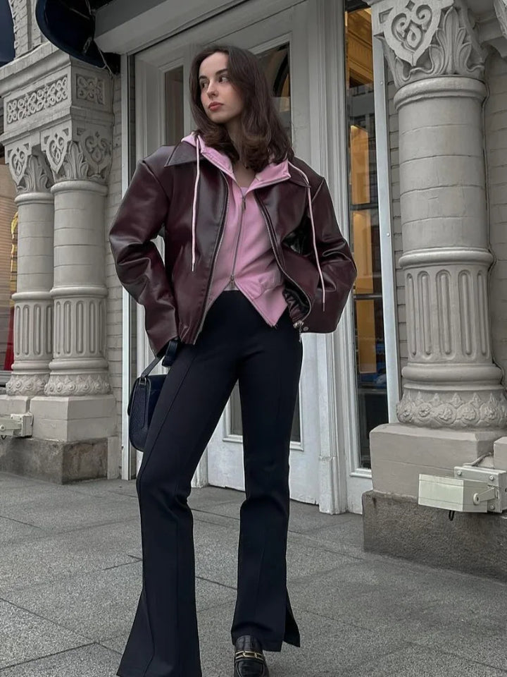Brown Leather Ladies Jacket with Notched Collar – Giulia