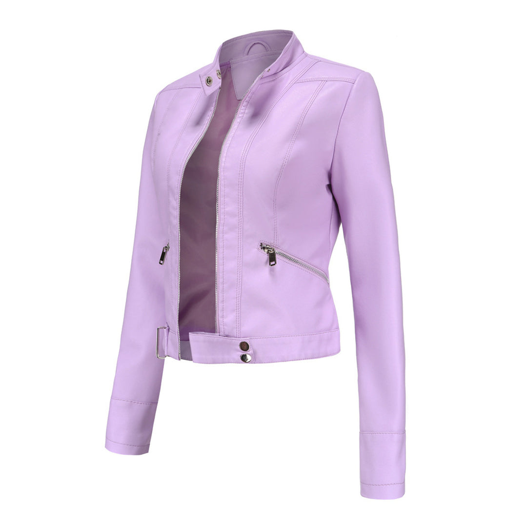 Light lilac cropped jacket from a side angle, showing the diagonal zip pocket and snap hem tab 6