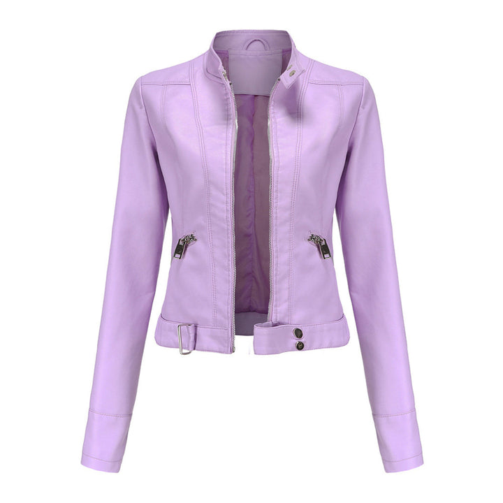 Front view of the light lilac jacket unzipped, showing the lining, zip pockets and buckled hem tab 4