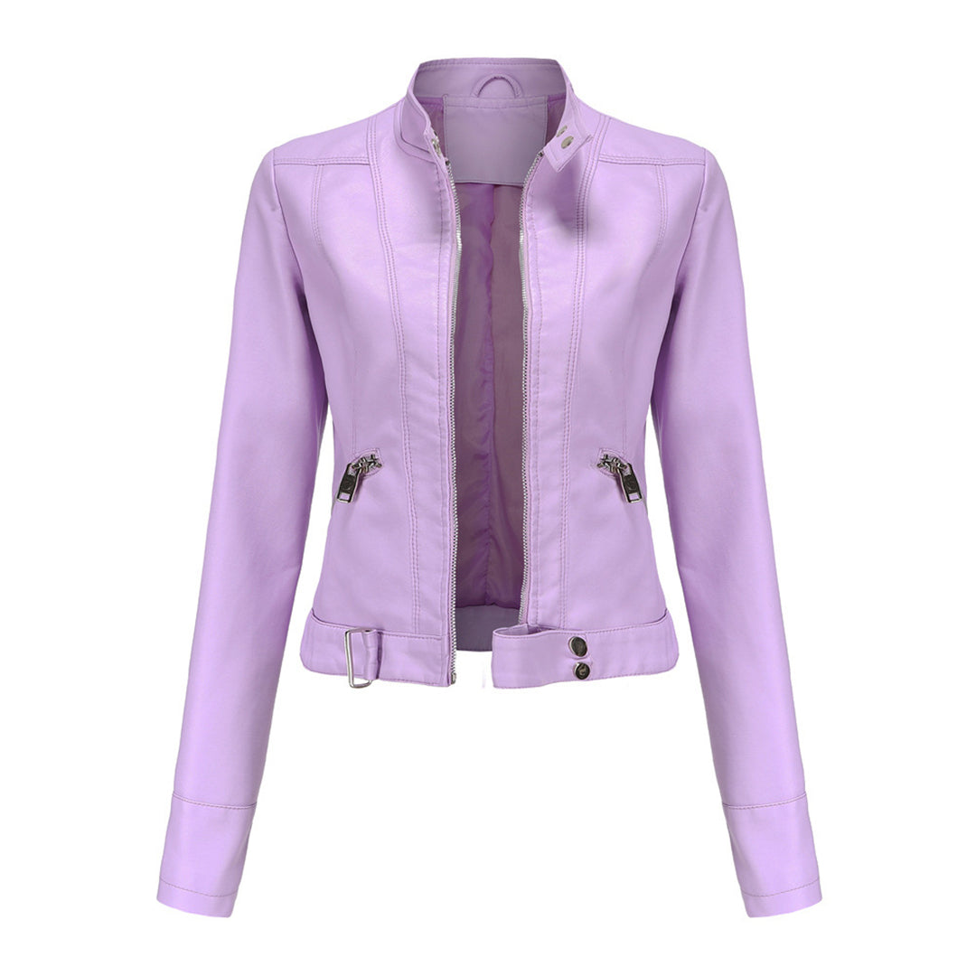 Front view of the cropped jacket in light lilac, unzipped, showing stand collar and waist tab 1
