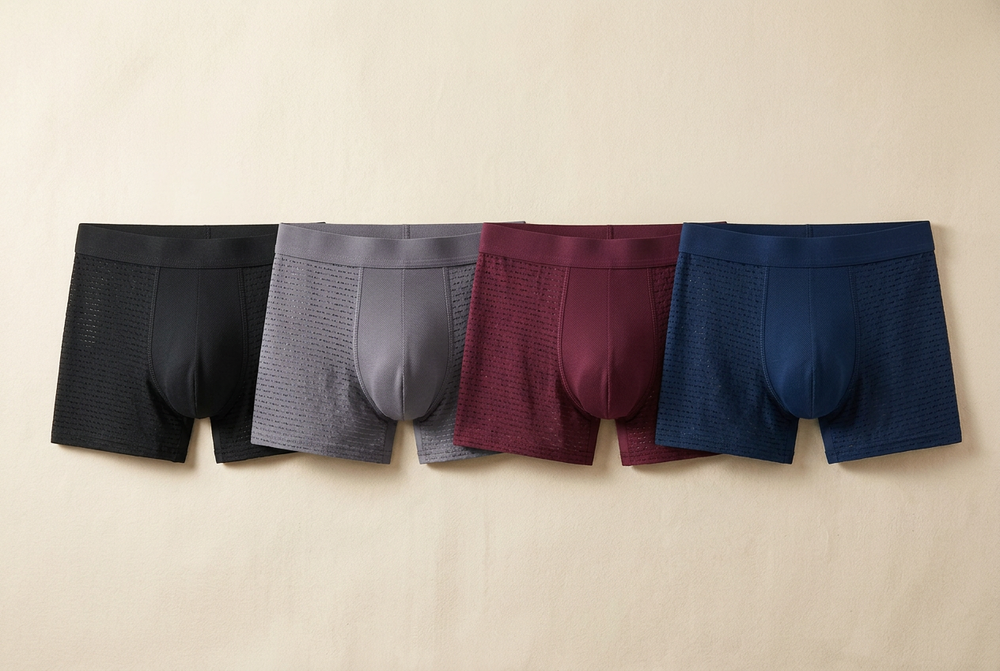 Flat lay of four boxer briefs in black, gray, burgundy and navy with perforated mesh sides 2