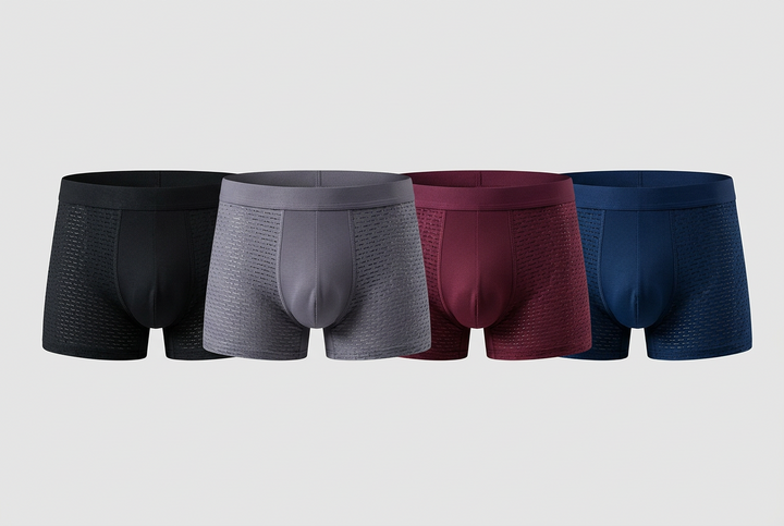Row of four boxer briefs in black, gray, burgundy and navy with perforated mesh side panels 4