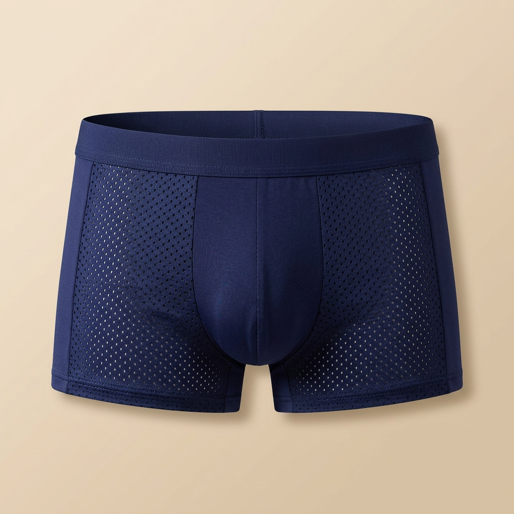 Front view of navy boxer briefs with mesh side panels and a smooth center pouch panel 6