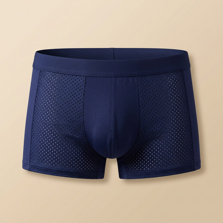 Front view of navy boxer briefs with mesh side panels and a smooth center pouch panel 6
