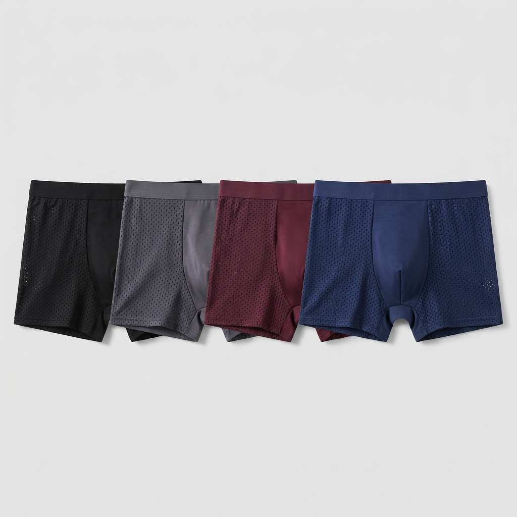 Four mesh-panel boxer briefs in black, gray, burgundy and navy laid side by side 3