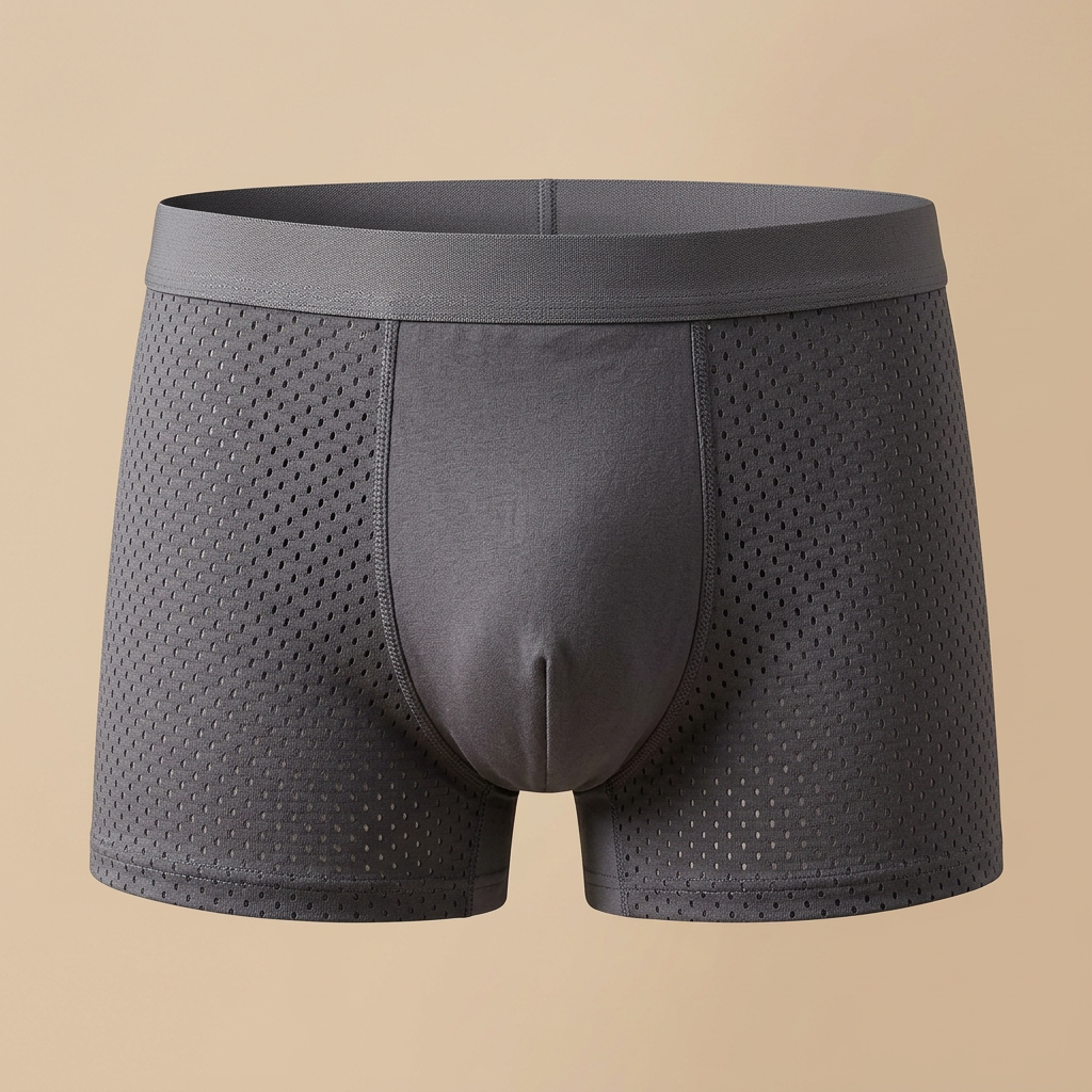 Front view of gray boxer briefs with a wide waistband and dotted mesh side panels on a beige background 5