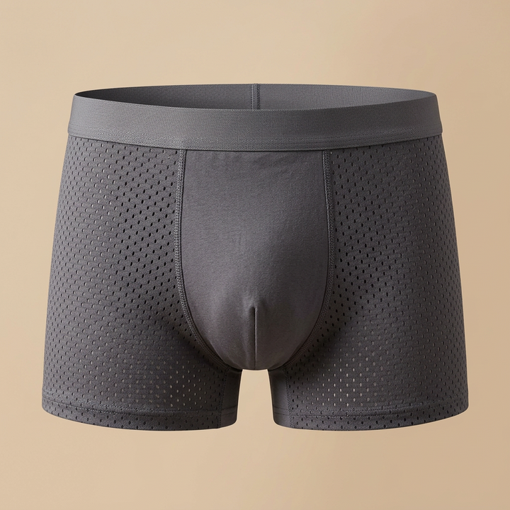 Front view of gray boxer briefs with a wide waistband and dotted mesh side panels on a beige background 5