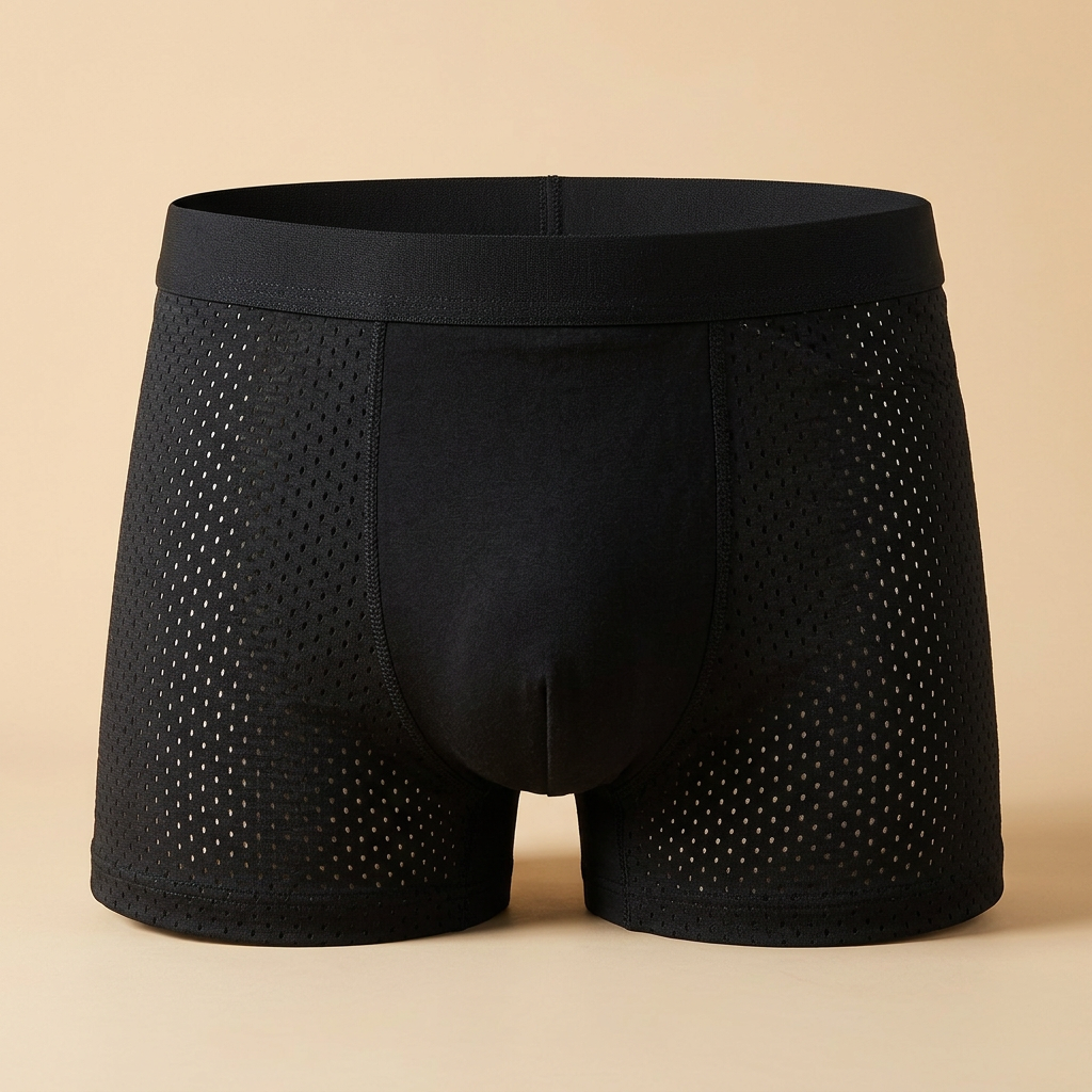 Front view of black boxer briefs with perforated mesh side panels and a plain center panel 8