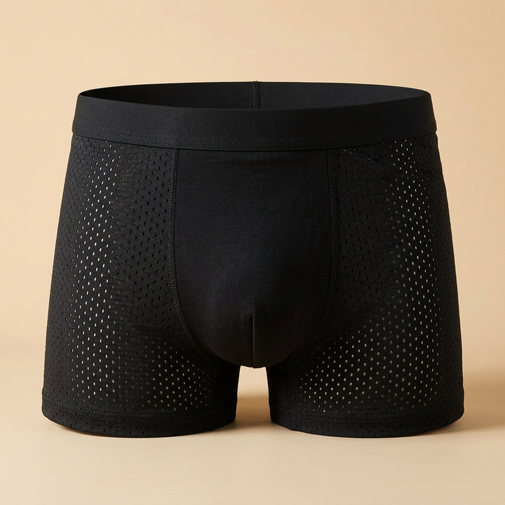 Front view of black boxer briefs with perforated mesh side panels and a plain center panel 8