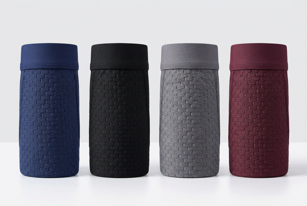 Four rolled-up boxer briefs in navy, black, gray and burgundy showing a brick-like woven texture 3