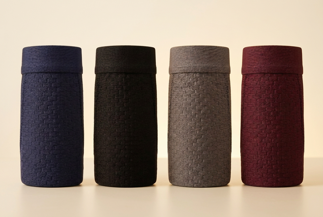 Four rolled-up boxer briefs in navy, black, gray and burgundy, standing upright and showing a woven brick-like texture 3