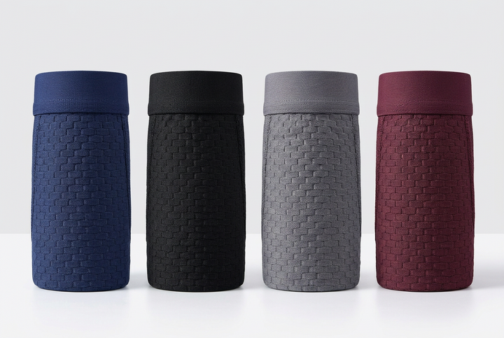 Four rolled boxer briefs in blue, black, gray and burgundy, standing in a row with a textured brick pattern 7