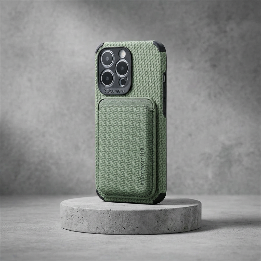 Green woven-texture case with card holder on the back, displayed on a round concrete pedestal 3