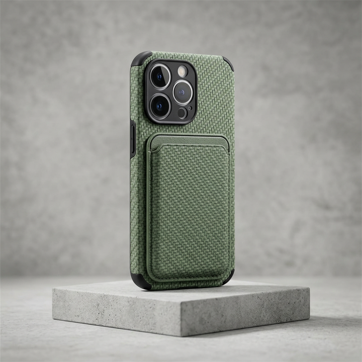 Olive green woven case with card pocket on a concrete block, angled view with camera cutout 6