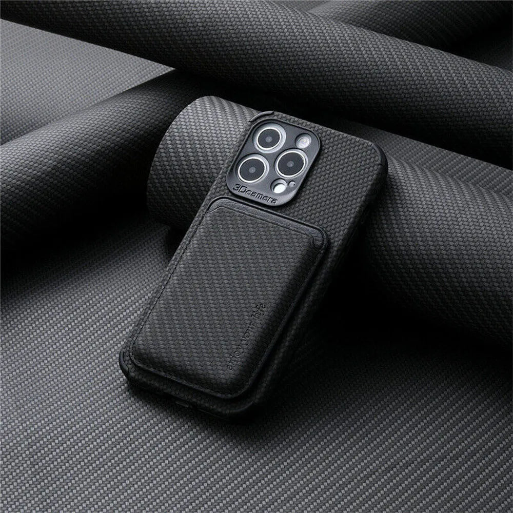 Black woven-texture case with the card holder attached, resting against rolled carbon-pattern fabric 4