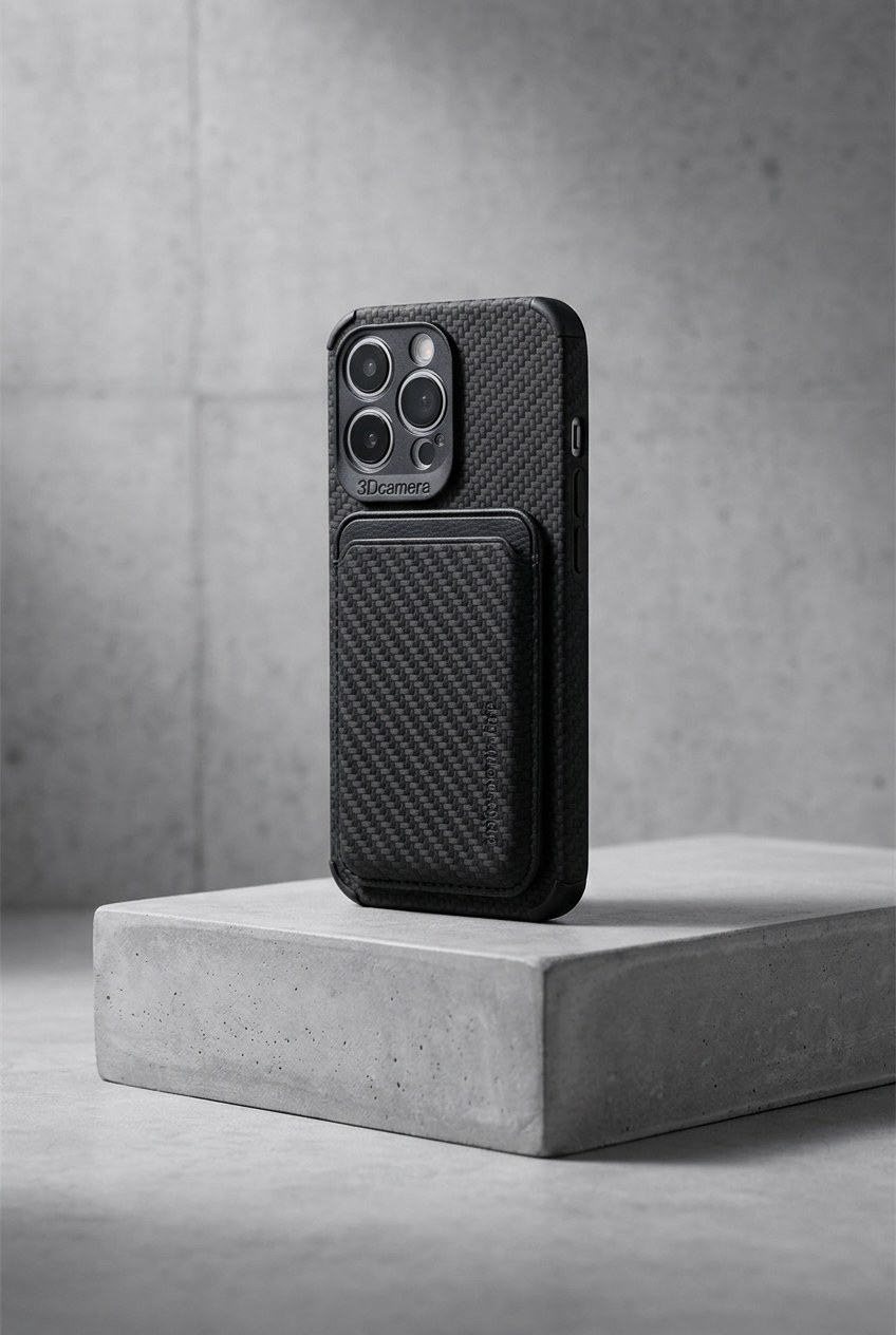 Black carbon-fiber-look case with card holder and black trim, standing on a concrete block 4
