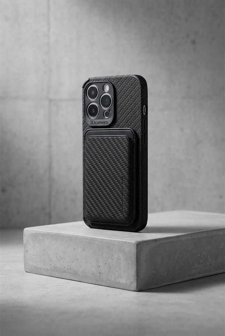 Black carbon-fiber-look case with card holder and black trim, standing on a concrete block 4