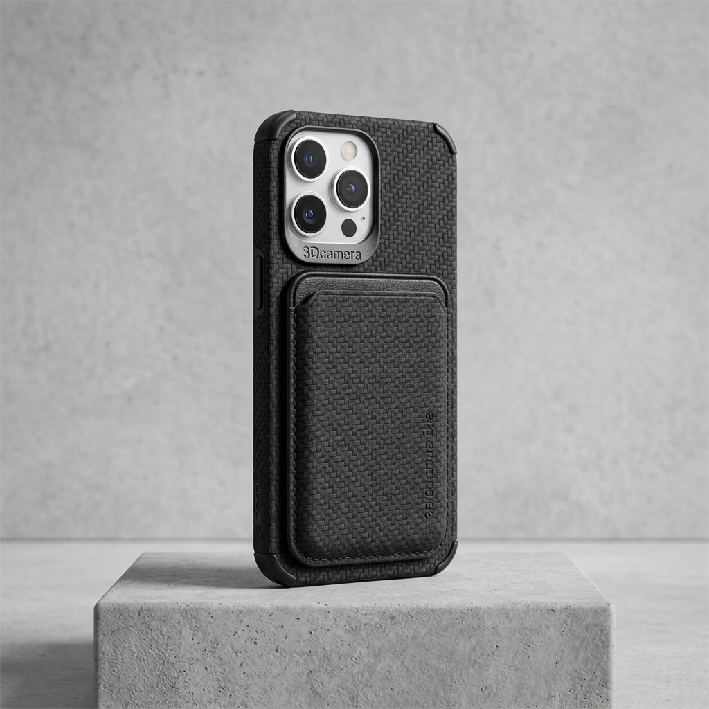 Black woven-texture case with card pocket on a concrete block, fitted on a silver phone 7