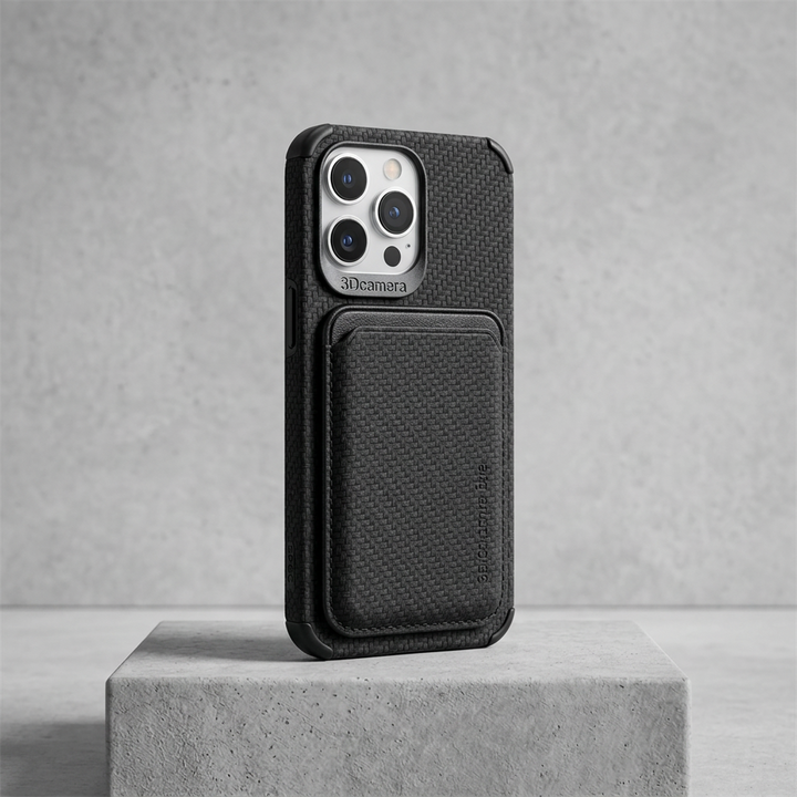 Black woven-texture case with card pocket on a concrete block, fitted on a silver phone 7