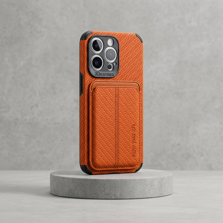Orange case with a center-stitched card pocket on a round concrete stand, back view 5