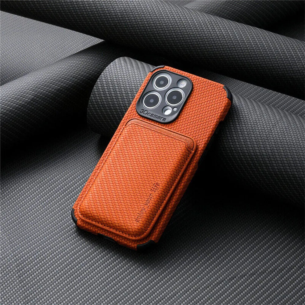 Orange woven-texture case with attached card holder, leaning on rolled dark fabric 5