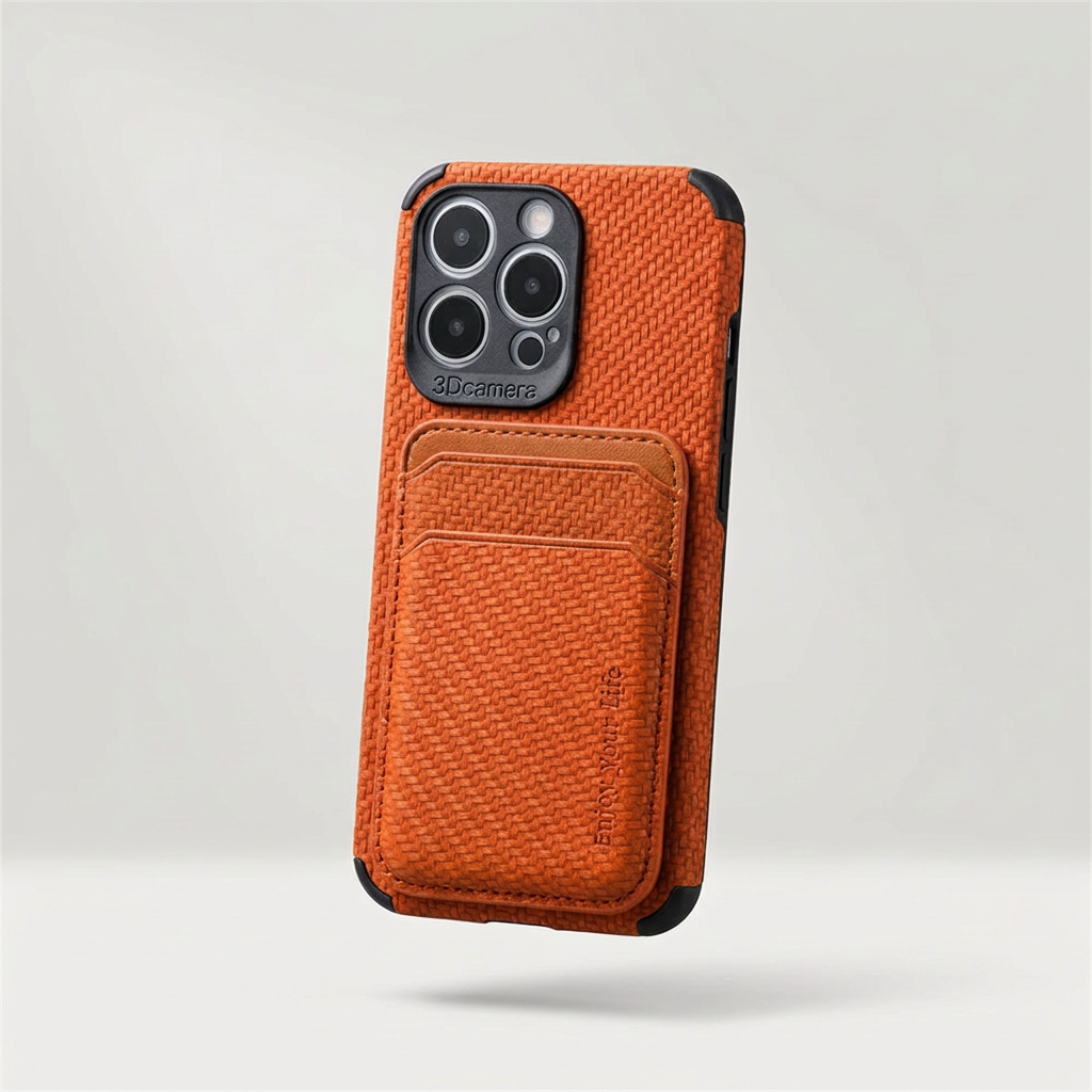 Orange woven-texture phone case with a stitched card pocket on the back, floating against a light background 1